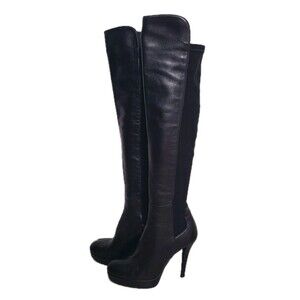 Stuart Weitzman Boots Heel Black Leather/ Stretch Back 50/50 Knee Highline sz 7